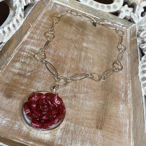 LOYAL MUSE Necklace 19” Rich Burgundy Rose Pendant on Multi Link Silver Chain